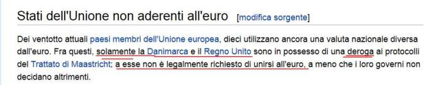 Screenshot su Wikipedia deroghe privilegiate su adesioni all'Euro